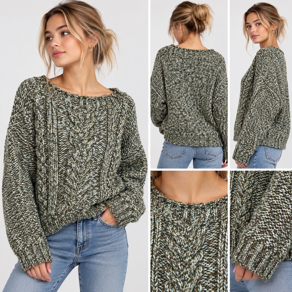 Abercrombie & Fitch Oversized Cable Knit Sweater Green Marl Women Medium